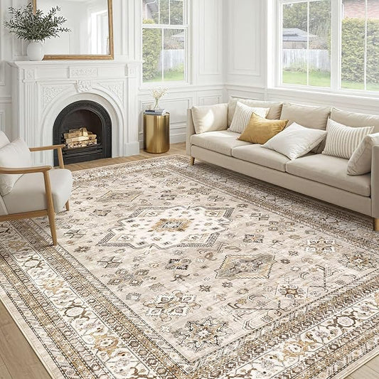 Vintage Living Room Area Rug 8x10 - Large Soft Washable Oriental Traditional Distressed Farmhouse Rugs for Bedroom - Indoor Floor Accent Carpet for Home Office House Decor - Beige