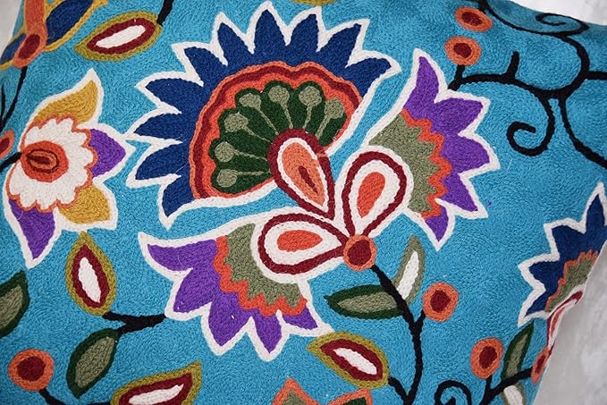 Turquoise Floral Pillow Cover Modern Flower Pillowcase Floral Hand Embroidered Outdoor Cushion Suzani Farmhouse Chair Throw Traditional Chair Cushions Wool Size 18x18