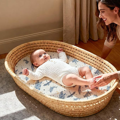 Gllquen Baby Muslin Bassinet Sheets 3 Pack, Breathable Elastic Cozy Fitted Cotton Bassinet Mattress Sheet for Baby Boy Girls, Fit for Hourglass Oval Rectangular Cradle Pad Sheets 33"x17" (Star)