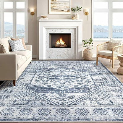 Vintage Living Room Area Rug 6x9 - Large Soft Washable Oriental Traditional Distressed Farmhouse Rugs for Bedroom - Indoor Floor Accent Carpet for Home Office House Decor - Distressed Blue