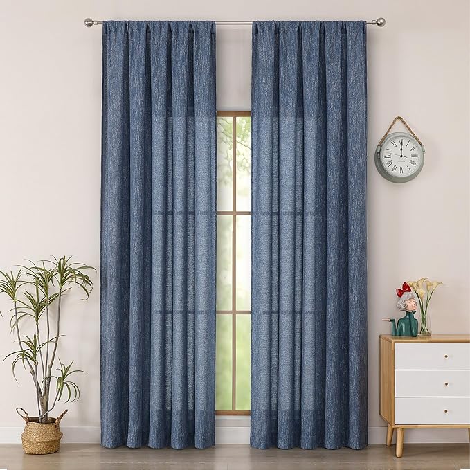 Simplebrand Navy Blue Faux Linen Textured Semi Sheer Curtains 96 Inches Long 2 Panels Set, Light Filtering Soft Thick Farmhouse Curtains Window Treatment for Bedroom/Living Room/Dining, 50 x 96 Inch