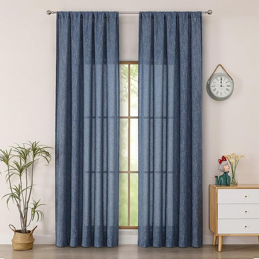 Simplebrand Navy Blue Faux Linen Textured Semi Sheer Curtains 96 Inches Long 2 Panels Set, Light Filtering Soft Thick Farmhouse Curtains Window Treatment for Bedroom/Living Room/Dining, 50 x 96 Inch