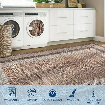 GarveeHome Large Washable Rug 9x12 Modern Geometric Non Slip Distressed Bordered Printed Rug, Soft Non Shedding Indoor Carpet, Low Pile Thin Foldable Mats for Open Spaces Offices, Brown