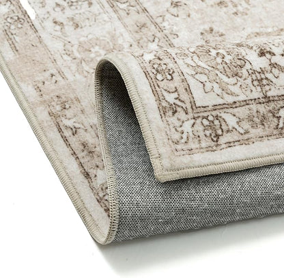 Taupe Area Rug 2x3 Washable Vintage Entryway Carpet Non Slip Retro Distressed Door Mat Low Pile Soft Oriental Medallion Thin Small Throw Rug for Kitchen Bedroom Office Bathroom Laundry
