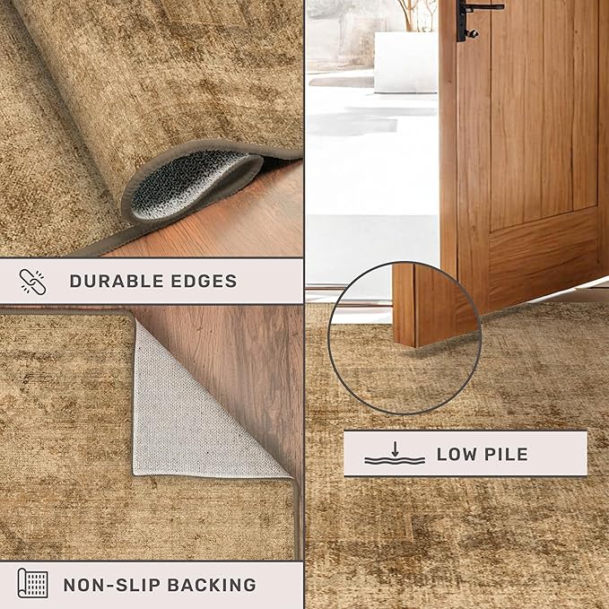 Farmhouse 8x10 Rugs for Living Room - Brown and Gold Dining Room Area Rugs for Bedroom, Washable, Soft, Lightweight & Stain Resistance, Neutral Dark Vintage Medallion Decor