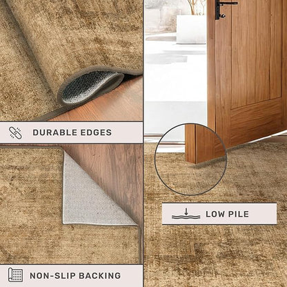Large Entryway Rug Washable - 5x8 Brown and Mustard Yellow Rug for Mudroom, Foyer, Hall, Living Room, Washable Low Pile Stain Resistent