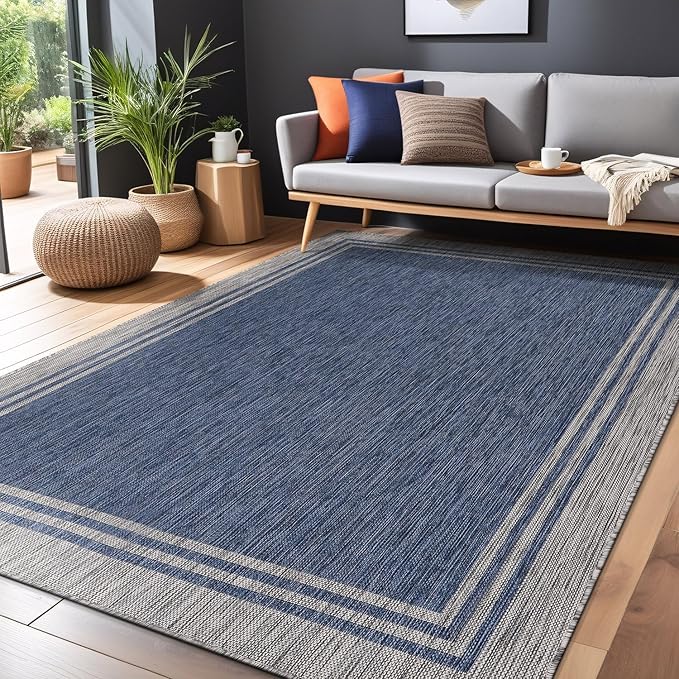 Bordered Outdoor Rug 8x10 Washable Outside Carpet for Indoor Patio Porch Waterproof Easy Cleaning Non Shedding Area Rugs Navy 8 x 10