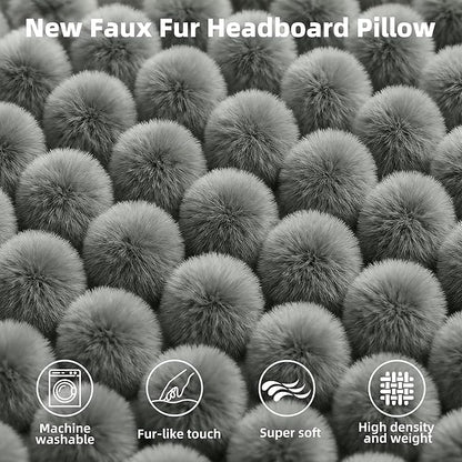 Faux Fur Headboard Pillow Twin Size, Triangular Wedge Backrest with Removable Head Roll & Side Pocket, 100% Linen Reading Pillow for Bed, Couch, Floor - Ergonomic Support for Neck, Back, Dark Grey