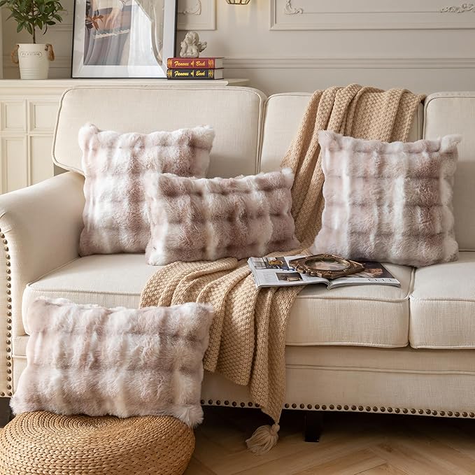 Pack of 2 Thick Plush Throw Pillow Covers Fluffy Wave Faux Fur Decorative Cushion Covers Soft Wool Pillowcase for Sofa Couch Livingroom 26x26 Inch White Taupe