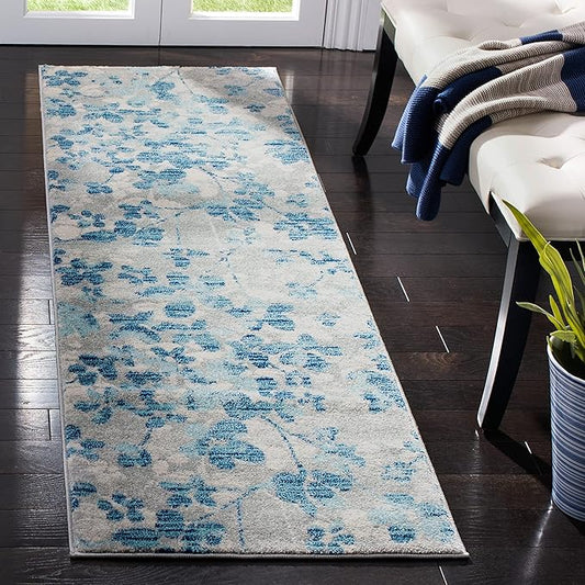 SAFAVIEH Evoke Collection 2'2" x 11' Grey/Light Blue EVK236J Floral Non-Shedding Living Room Bedroom Runner Rug