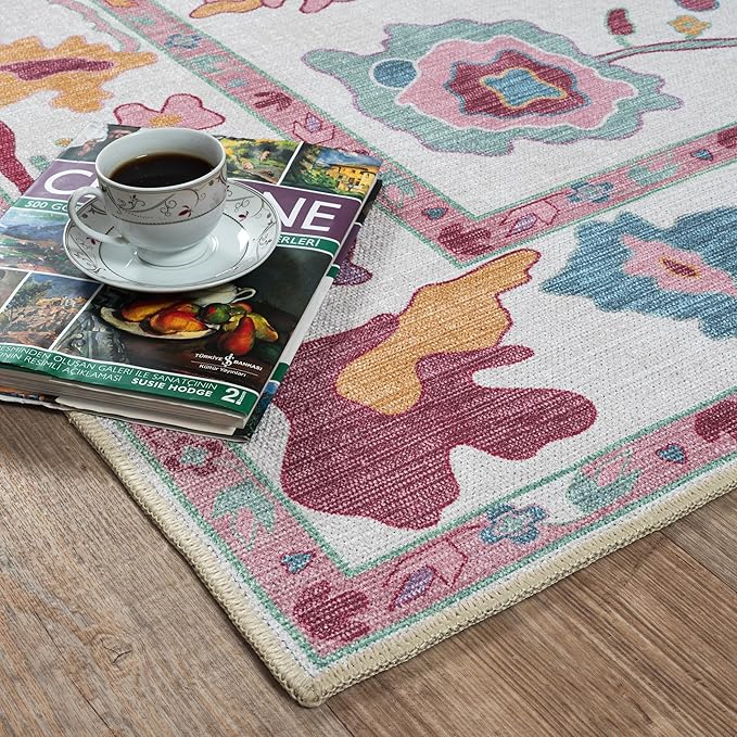 Fame Living Pink Oushak Rug, Modern, Vintage, Turkish, Eclectic, Floral, Pastel, Washable, Oversized, Extra Large Area Rugs for Living Room, Dining, Bedroom, Lounge 9'5"x14'