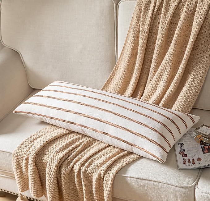 Caflife Boho Lumbar Throw Pillow Cover 14X36 Long Soft Farmhouse Decorative Couch Pillow Cases Brown Striped Body Pillow Covers Neutral Cushion Covers for Sofa Bed Living Room Home Decor Pack of 1