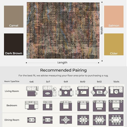 Kokia Abstract Area Rugs 9x12 Bedroom Washable Decor Low Pile Non-Slip Non-Shedding Indoor Brown Yellow Carpet Foldable Stain Resistant Floor Mat Living Room Dining Room, Oslo Fireworks