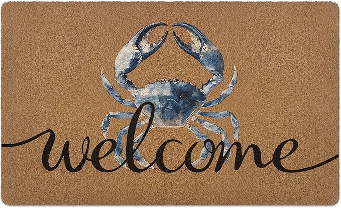 Blue Crab Welcome Door Mat, Beach Framhouse Doormat, Lake Sea Welcome Front Door Mat Indoor Outdoor Entrance, Funny Artificial Coir Doormats Rugs for Patio Entry Beach House Decor 30x17in