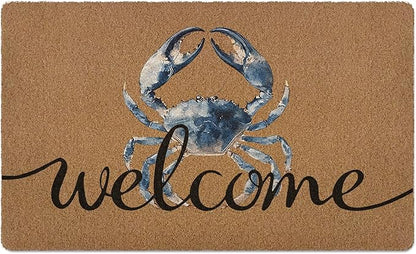 Blue Crab Welcome Door Mat, Beach Framhouse Doormat, Lake Sea Welcome Front Door Mat Indoor Outdoor Entrance, Funny Artificial Coir Doormats Rugs for Patio Entry Beach House Decor 30x17in