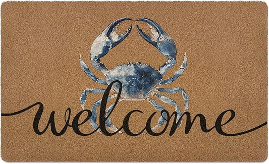 Blue Crab Welcome Door Mat, Beach Framhouse Doormat, Lake Sea Welcome Front Door Mat Indoor Outdoor Entrance, Funny Artificial Coir Doormats Rugs for Patio Entry Beach House Decor 30x17in