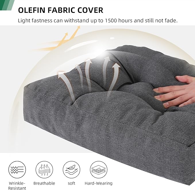 RACE LEAF 17" x 17" Patio Chair Cushions Gray - Outdoor/Indoor Tufted Memory Foam Chair Pads Set of 2, Water-Resistant Olefin Chair Seat Cushion Non-Slip Backing