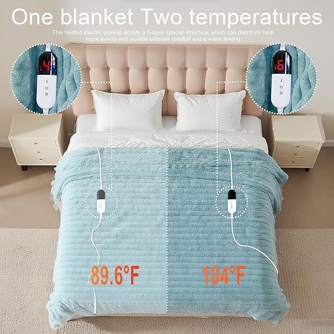 Heated Blanket 84"X90",Fast Heating Blanket with 6 Heat Levels 10 Hours Auto-Off Overheat Protection,Stripe Faux Rabbit Fur Soft Warm Electric Blanket, ETL Certified (Green, 84"X90")