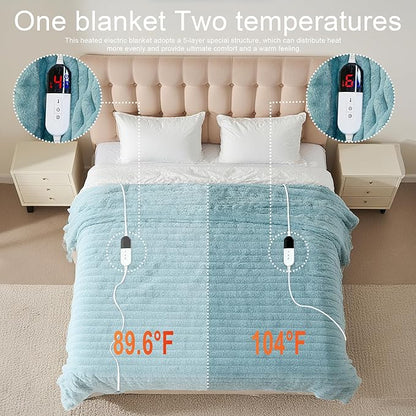 Heated Blanket 84"X90",Fast Heating Blanket with 6 Heat Levels 10 Hours Auto-Off Overheat Protection,Stripe Faux Rabbit Fur Soft Warm Electric Blanket, ETL Certified (Green, 84"X90")