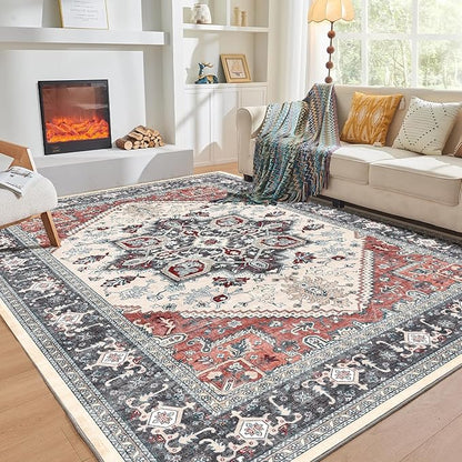 OPPODREAM Thin Area Rugs 5x7, 5x7 Washable Rug with Non Slip Backing, 5 x 7 Faux Cashmere Low-Pile Carpet, Black & Red