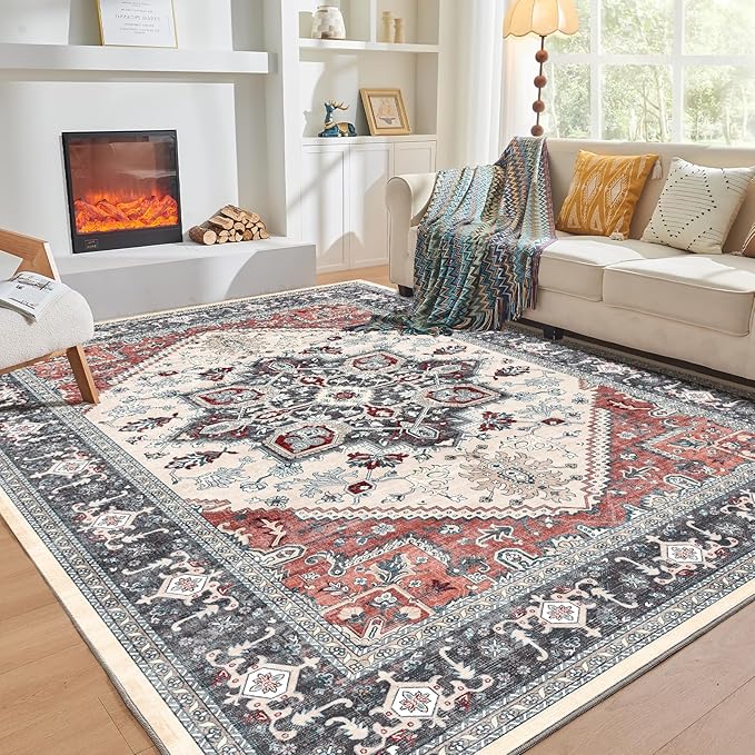 OPPODREAM Thin 6x9 Area Rugs, Washable Rug 6x9 with Non Slip Backing, Faux Cashmere Low-Pile 6 x 9 Carpet, Black & Red