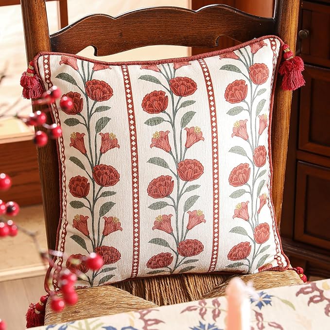 Vintage Rectangle Throw Pillow Covers Pack of 2,Red Cozy Velvet with Leaves and Floral Pattern Pillowcases,Decor Longer Lumbar Pillows Cushion Covers for Living Room Couch Sofa Bed,12"x28"
