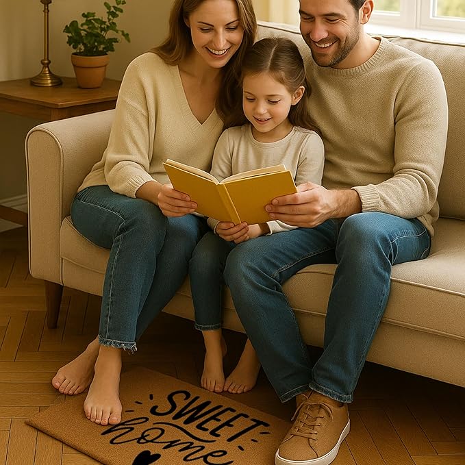 Coir Door Mats 17" X 30", Non-Slip Sturdy, PVC Backed Heavy Duty, Easy to Clean, Ideal for Door Entrance, Patio, Porch, Backyard, Garages, Sweet Home with Hearts