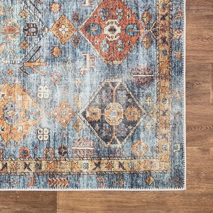 Bloom Rugs Washable Non-Slip 4' x 6' Rug - Blue/Orange Traditional Bordered Area Rug for Living Room, Bedroom, Dining Room, and Kitchen - Exact Size: 4' x 6'