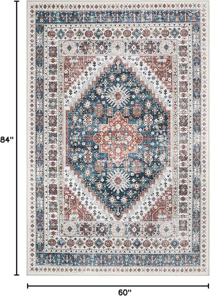 zesthome 5x7 Area Rugs - Ultra-Thin Washble Rug, Stain Resistant Anti Slip Backing Rugs for Living Room,Bedroom, Vintage Home Decor Area Rug (Navy Blue/Red,5'x7')