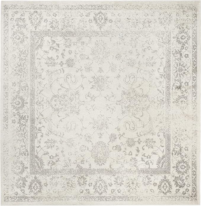 SAFAVIEH Adirondack Collection Area Rug - 9' Square, Ivory & Silver, Distressed Vintage Floral Design, Non-Shedding & Easy to Clean, Ideal for Living Room, Bedroom, Dining Space (ADR109C)