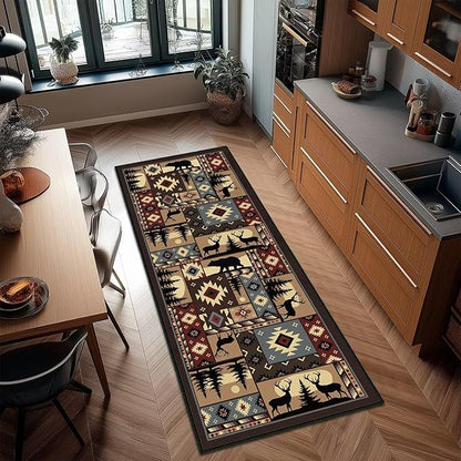 Cabin Wildlife Runner Rug 2x6,Buffalo Plaid Bear Moose Deer Country,Vintage Throw Carpet Washable Kitchen Runners Rustic Hallway Rugs Entrance Door Mat Non Slip Accent Area Rugs for Entryway,Laundry