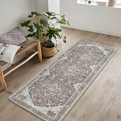 Bloom Rugs Washable Non-Slip 7 ft Runner - Dark Brown Traditional Medallion Runner for Entryway, Hallway, Bathroom, and Kitchen - Exact Size: 2.5' x 7'