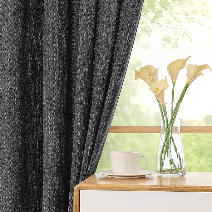 Simplebrand Black Faux Linen Textured Semi Sheer Curtains 72 Inches Long 2 Panels Set, Light Filtering Privacy Farmhouse Curtains, Soft Window Drapes Rod Pocket Top for French Door, Bedroom, 40W x 72L