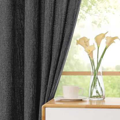 Simplebrand Black Faux Linen Textured Semi Sheer Curtains 96 Inches Long 2 Panels Set, Light Filtering Soft Thick Farmhouse Curtains Window Treatment for Bedroom/Living Room/Dining Room, 50 x 96 Inch