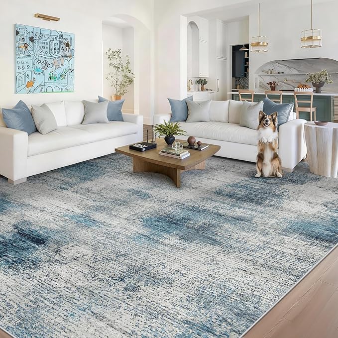 8x10 Area Rugs for Living Room: Washable Modern Abstract Rug Large Soft Non-Slip Rugs Indoor Low-Pile Carpet for Bedroom Dining Room Home Office (Blue, 8'x10')