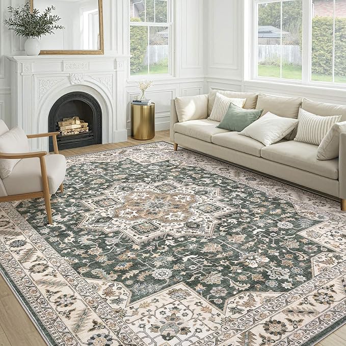Vintage Living Room Area Rug 10x14 - Large Soft Washable Oriental Traditional Distressed Farmhouse Rugs for Bedroom - Indoor Floor Accent Carpet for Home Office House Decor - Vintage Green