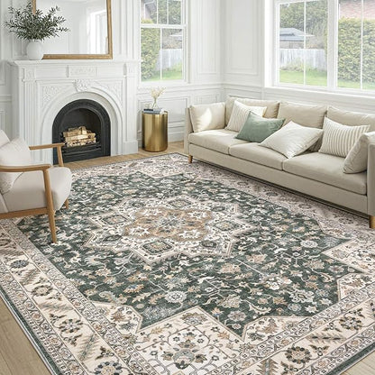 Vintage Living Room Area Rug 10x14 - Large Soft Washable Oriental Traditional Distressed Farmhouse Rugs for Bedroom - Indoor Floor Accent Carpet for Home Office House Decor - Vintage Green