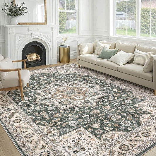 Vintage Living Room Area Rug 10x14 - Large Soft Washable Oriental Traditional Distressed Farmhouse Rugs for Bedroom - Indoor Floor Accent Carpet for Home Office House Decor - Vintage Green