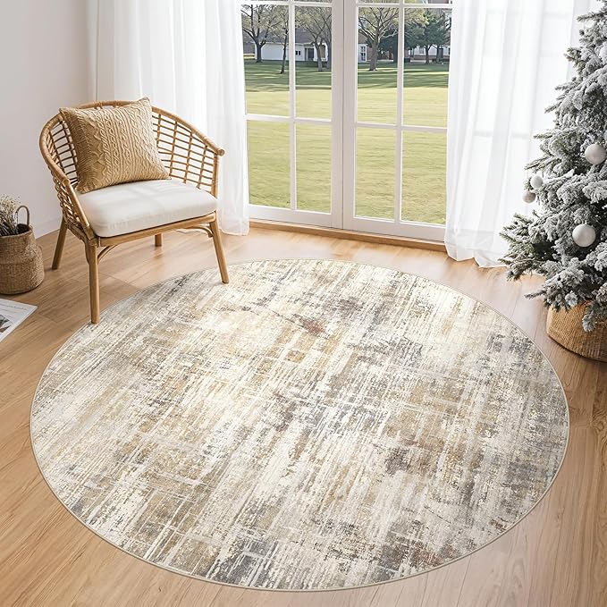 5ft Round Area Rug for Living Room: 5x5 Washable Neutral Abstract Modern Soft Rugs Non Slip Indoor Floor Stain Resistant Carpet for Bedroom Dining Room Office Nursery - Golden Brown
