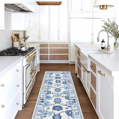Fame Living Navy Blue Oushak Runner Rug, Modern Runners, Turkish, Eclectic, Floral, Pastel, Washable, Small Rugs, Short Runner for Hallway, Entryway, Laundry, Bedroom, Kitchen, Bathroom, 2'5"x6'5"