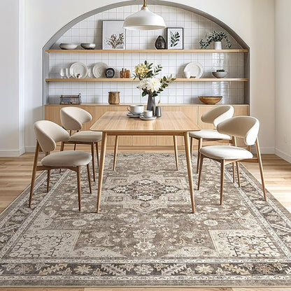 Vintage Living Room Area Rug 7x9 - Large Soft Washable Oriental Traditional Distressed Farmhouse Rugs for Bedroom - Indoor Floor Accent Carpet for Home Office House Decor - Brown
