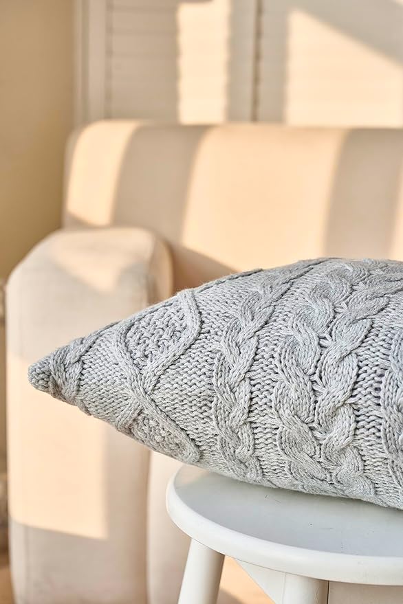 DOKOT Grey Knit Throw Pillow Cover Decorative Cable Braid and Diamond Knitting Square Warm Cushion Cover (Light Gray, (18x18 inches(45x45cm))