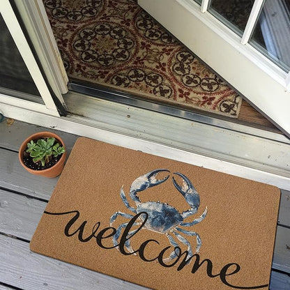 Blue Crab Welcome Door Mat, Beach Framhouse Doormat, Lake Sea Welcome Front Door Mat Indoor Outdoor Entrance, Funny Artificial Coir Doormats Rugs for Patio Entry Beach House Decor 30x17in