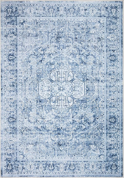 Bloom Rugs Washable Non-Slip 3' x 5' Rug - Ivory/Denim Blue Traditional Medallion Area Rug for Living Room, Bedroom, Dining Room, and Kitchen - Exact Size: 3' x 5'