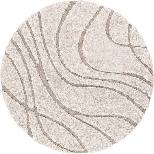 SAFAVIEH Florida Shag Collection Area Rug - 12' Round, Cream & Beige, Striped Design, Plush 1.2-inch Thick, Ideal for High Traffic Areas in Living Room, Bedroom, Dining (SG471-1113-12R)