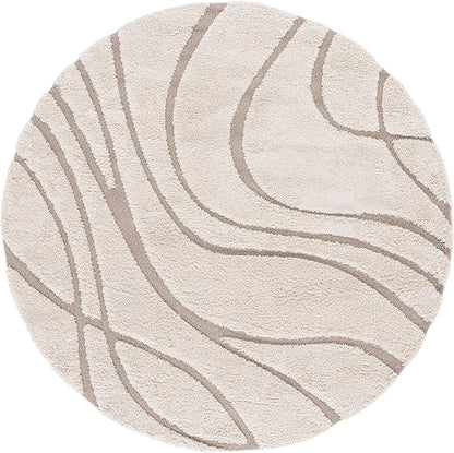 SAFAVIEH Florida Shag Collection 9' Round Cream/Beige SG471 Abstract Wave Non-Shedding Living Room Bedroom Dining Room Entryway Plush 1.2-inch Thick Area Rug