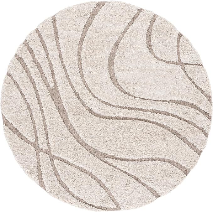 SAFAVIEH Florida Shag Collection 8' Round Cream/Beige SG471 Abstract Wave Non-Shedding Living Room Bedroom 1.2-inch Thick Area Rug