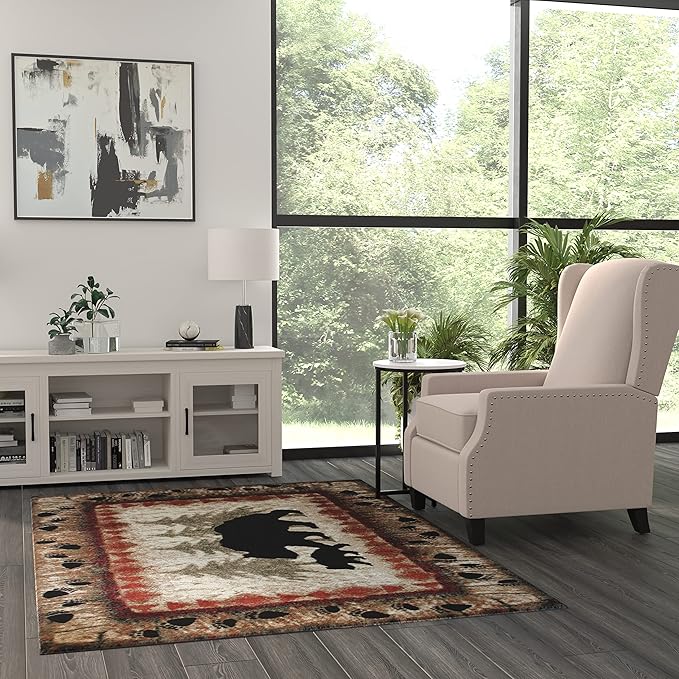 Masada Rugs, Cabin Lodge Area Rug Bear and Cub Scene (5 Feet 3 Inch X 7 Feet)