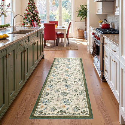 jinchan Elora 3x8 Floral Runner Rug for Hallway Washable Runner Vintage Romance Christmas Design Non Slip Thin Indoor Floor Cover Low-Profile Throw Carpet for Entryway Bathroom Bedroom, Green/Beige