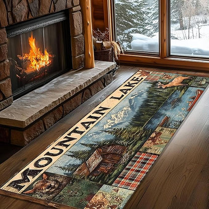 Multi-Color Elk Runner Rug 3.3x7ft with Floral Mountain Scene - Vintage Washable Floor Mat, Bohemian Rug for Kitchen Corridor, Canvas Art Style Decor